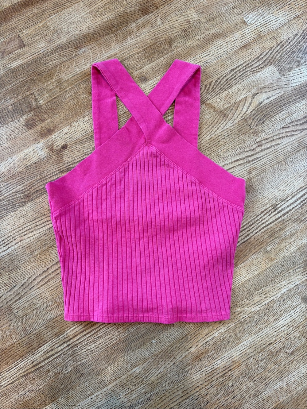 Zara Hot Pink Ribbed Cross-Back Halter Tank Crop Top
